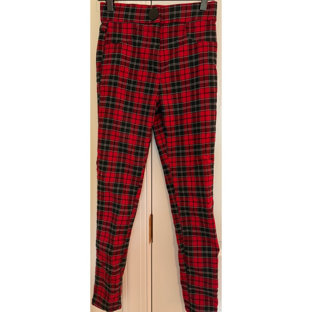 Lefties Red Black Plaid Skinny Pants Womens Small Tartan Check Punk Trousers‎